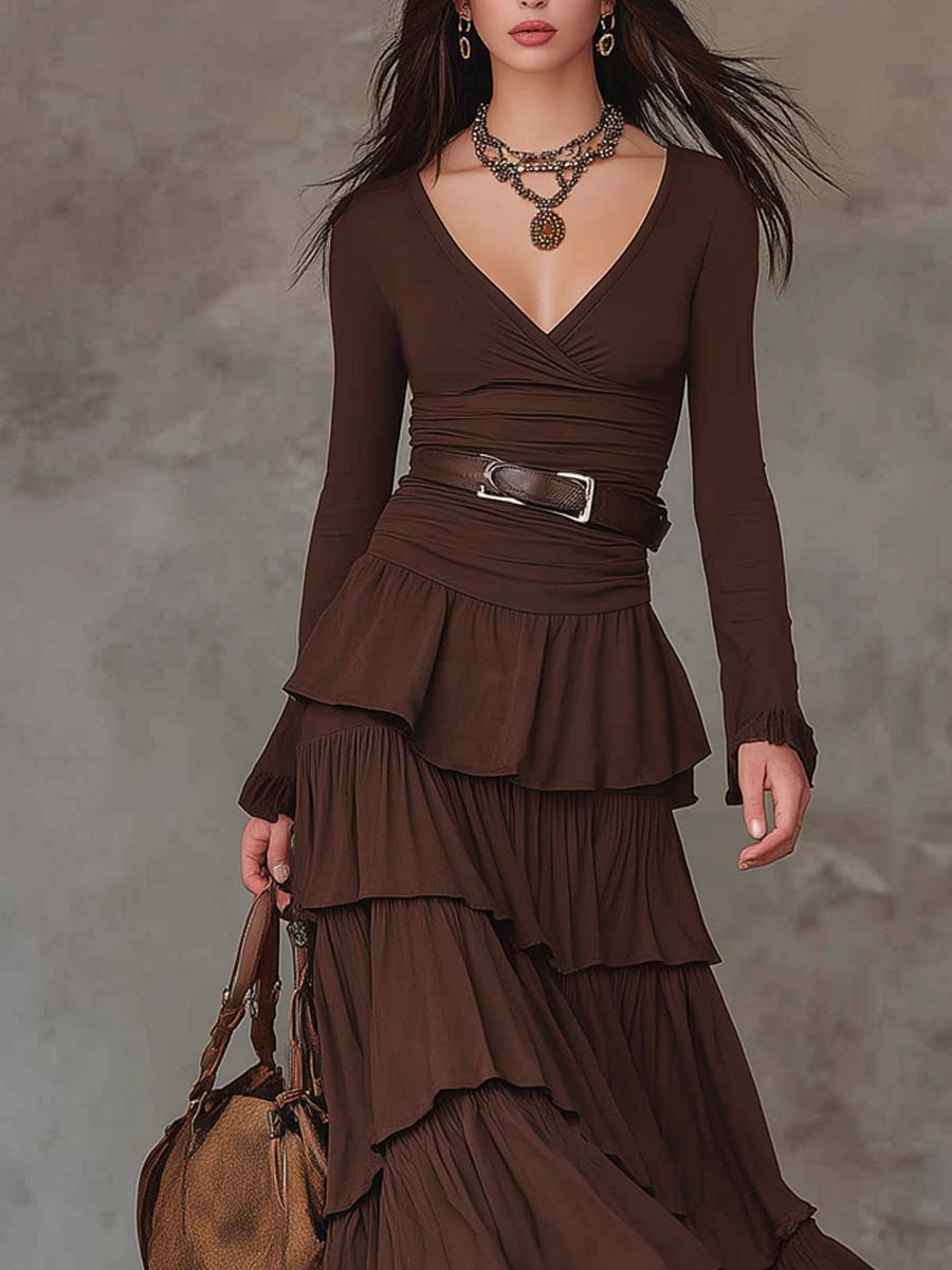 Brown Retro V-neck Multi-layered Ruffled Maxi Dress (With belt)