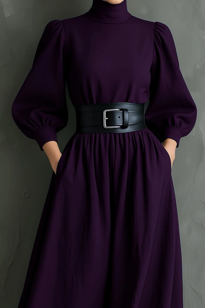Elegant Dark Purple Turtleneck Long-sleeved Fitted Maxi Dress (with belt)