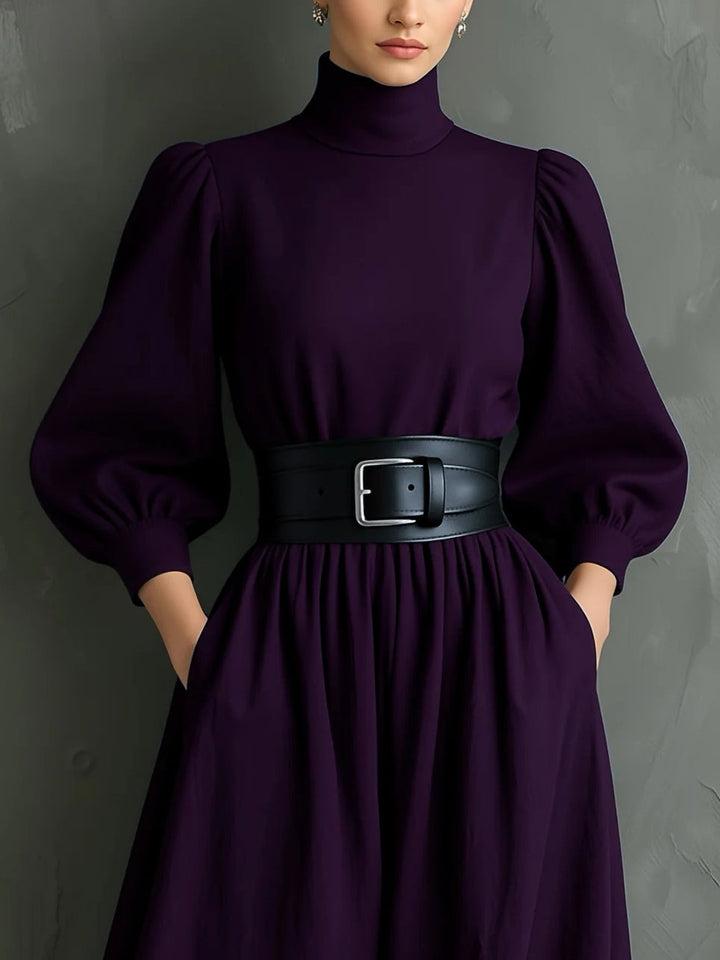 Elegant Dark Purple Turtleneck Long-sleeved Fitted Maxi Dress (with belt)