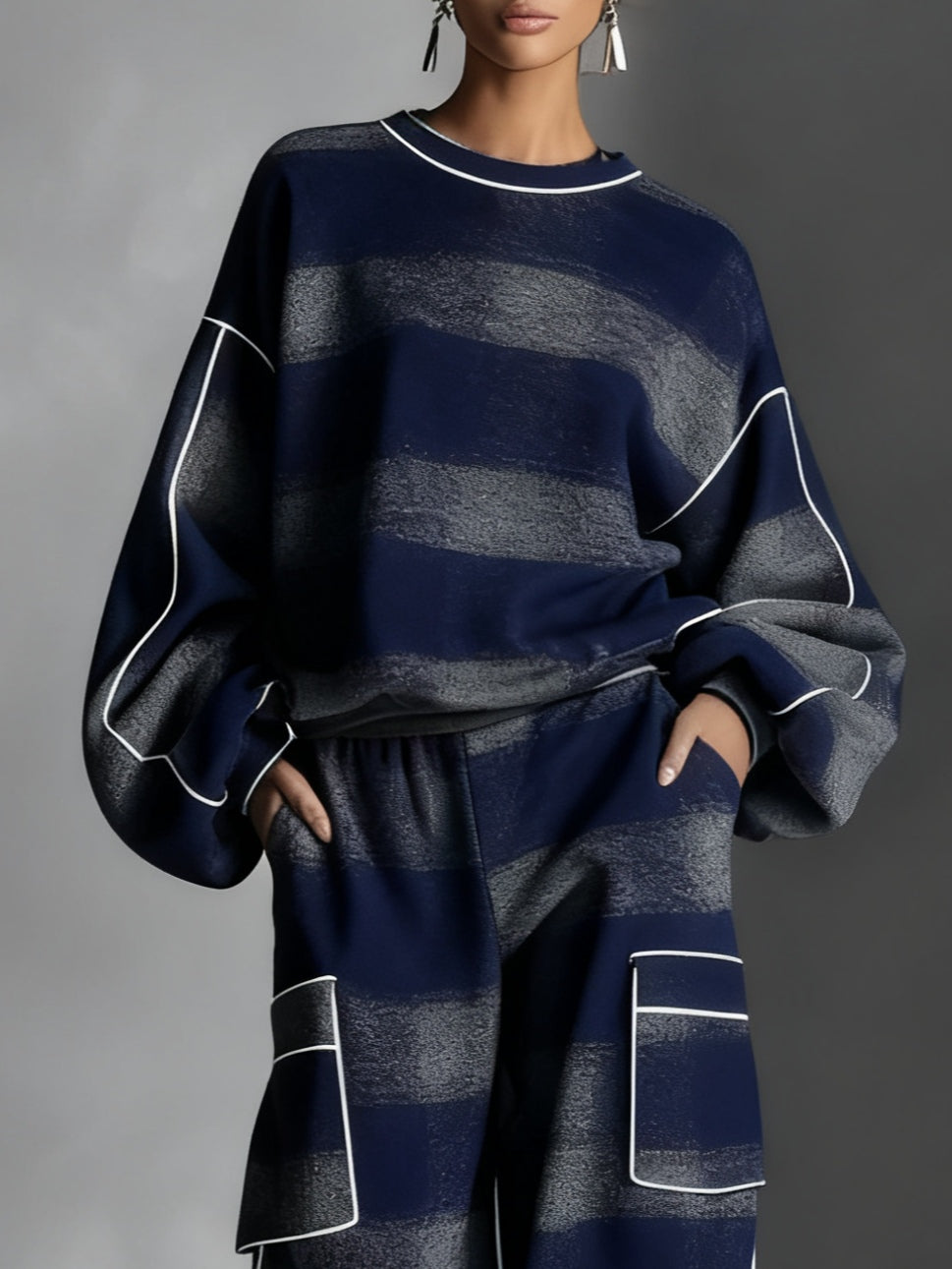 Blue and Gray Plaid Color-Blocked Sweatshirt and Casual Pants Two-Piece Set