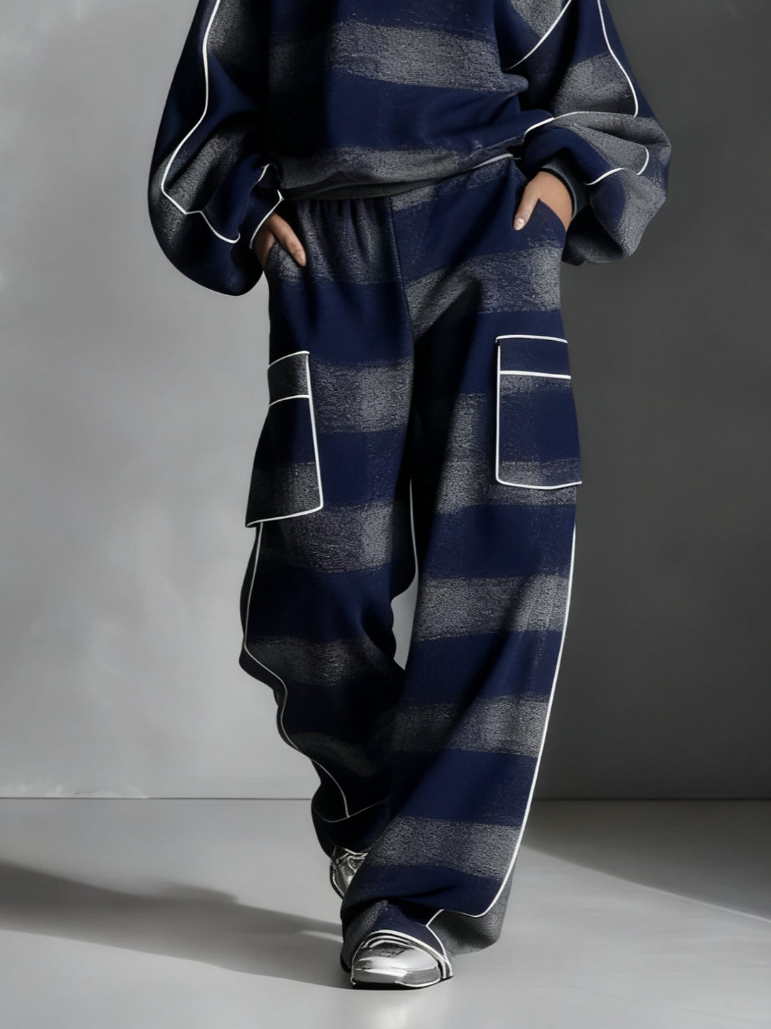 Blue and Gray Plaid Color-Blocked Sweatshirt and Casual Pants Two-Piece Set