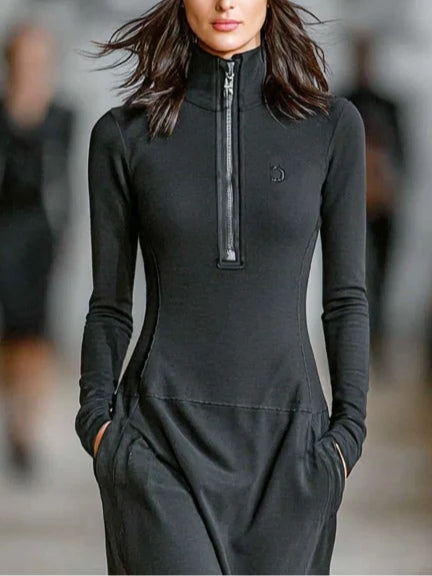 Black Turtleneck Zip-up Loose-fitting Casual Maxi Dress