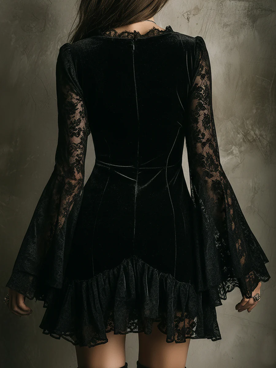 Black Lace Bell Sleeve Velvet Mini Dress