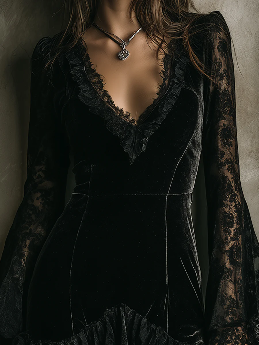 Black Lace Bell Sleeve Velvet Mini Dress