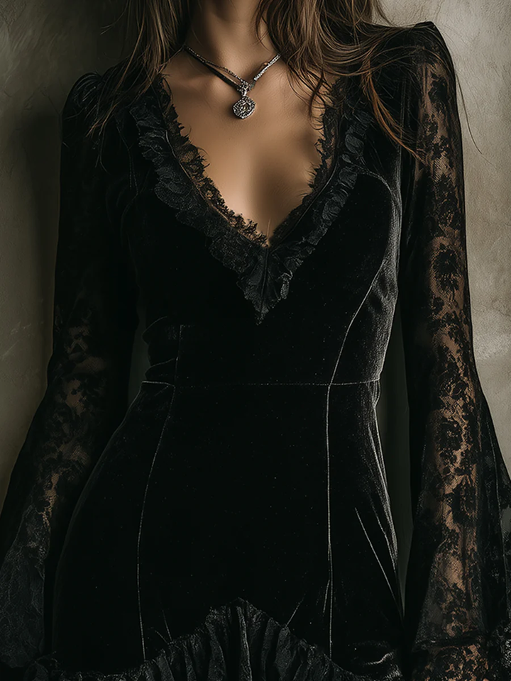 Black Lace Bell Sleeve Velvet Mini Dress