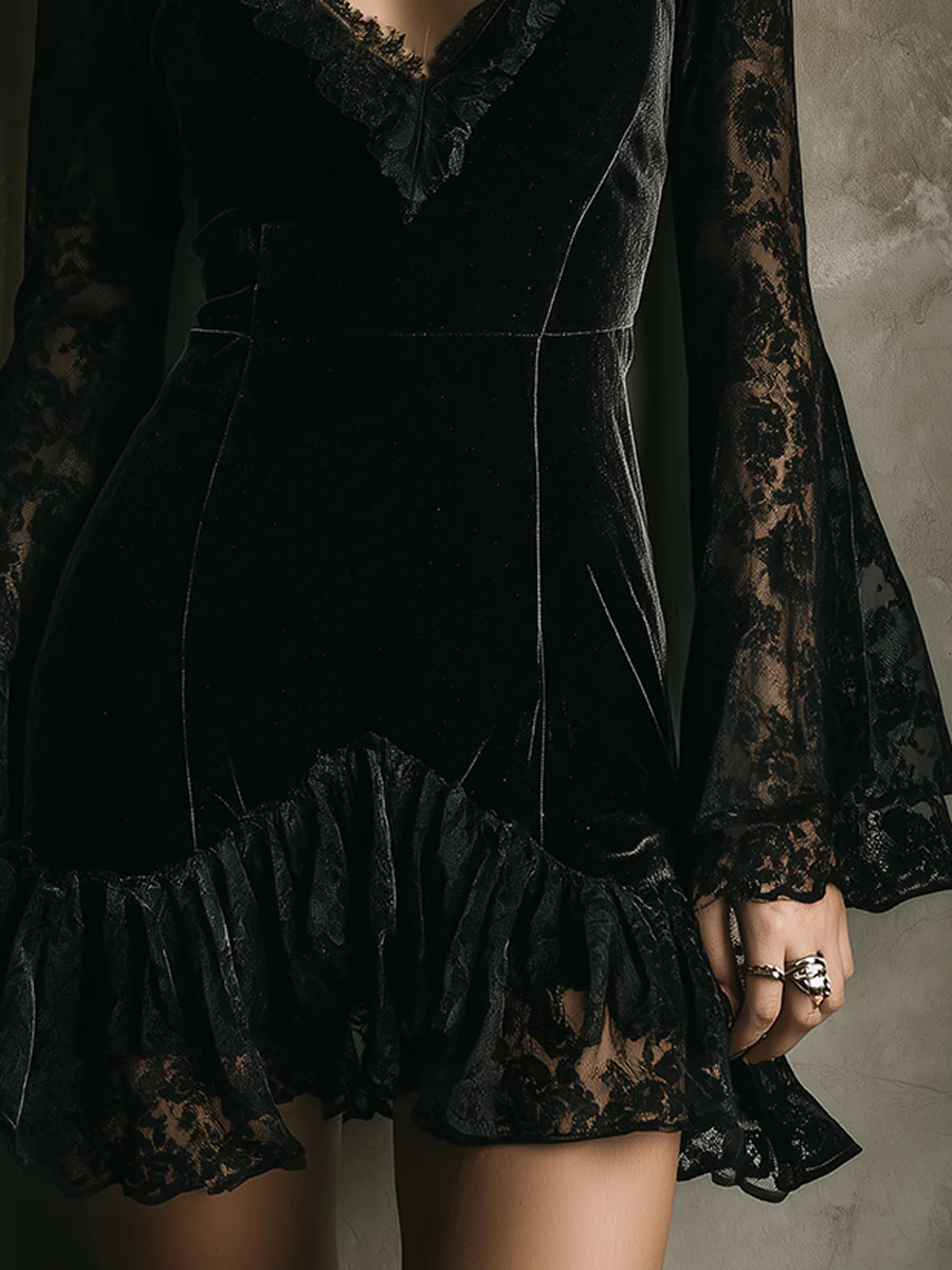 Black Lace Bell Sleeve Velvet Mini Dress