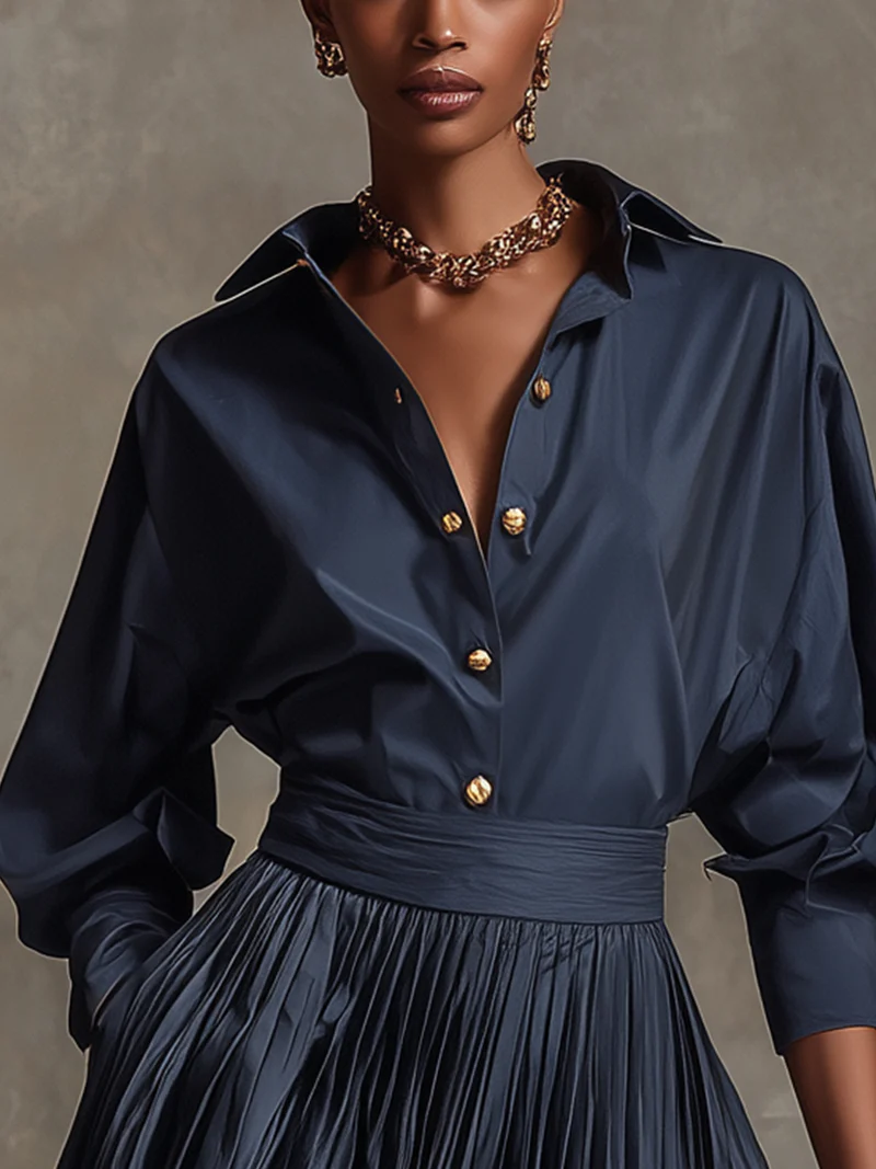 Navy Blue Shirt and Pleated Skirt Two-Piece Set