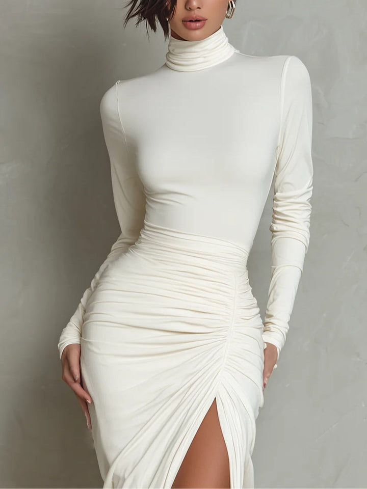 White Turtleneck Long Sleeved Pleated Midi Dress