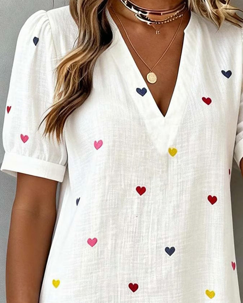 Colorful Heart Print V-Neck Dress