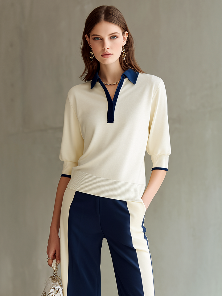 Women's Off-white Polo Neck Knitted Top And Contrasting Wide-leg Pants Set