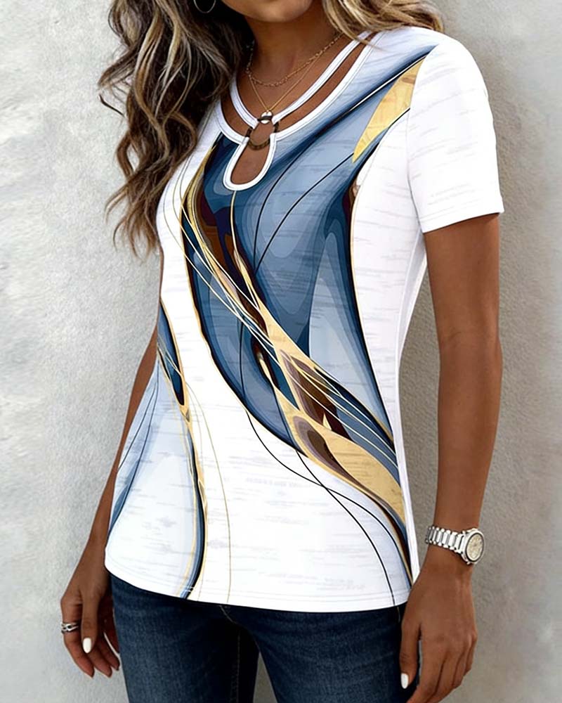 Abstract Print T-Shirt Round Neck Short Sleeved