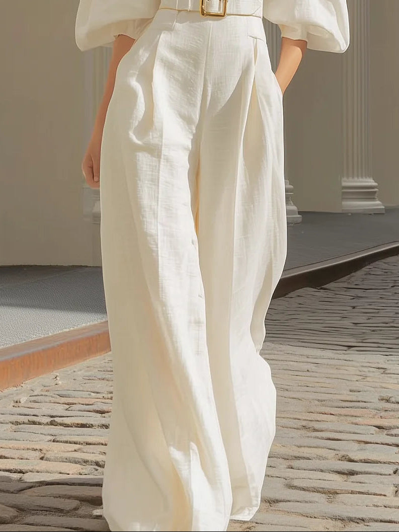 White V-neck Lantern Sleeve Wide-leg Jumpsuit (Includes Belt)