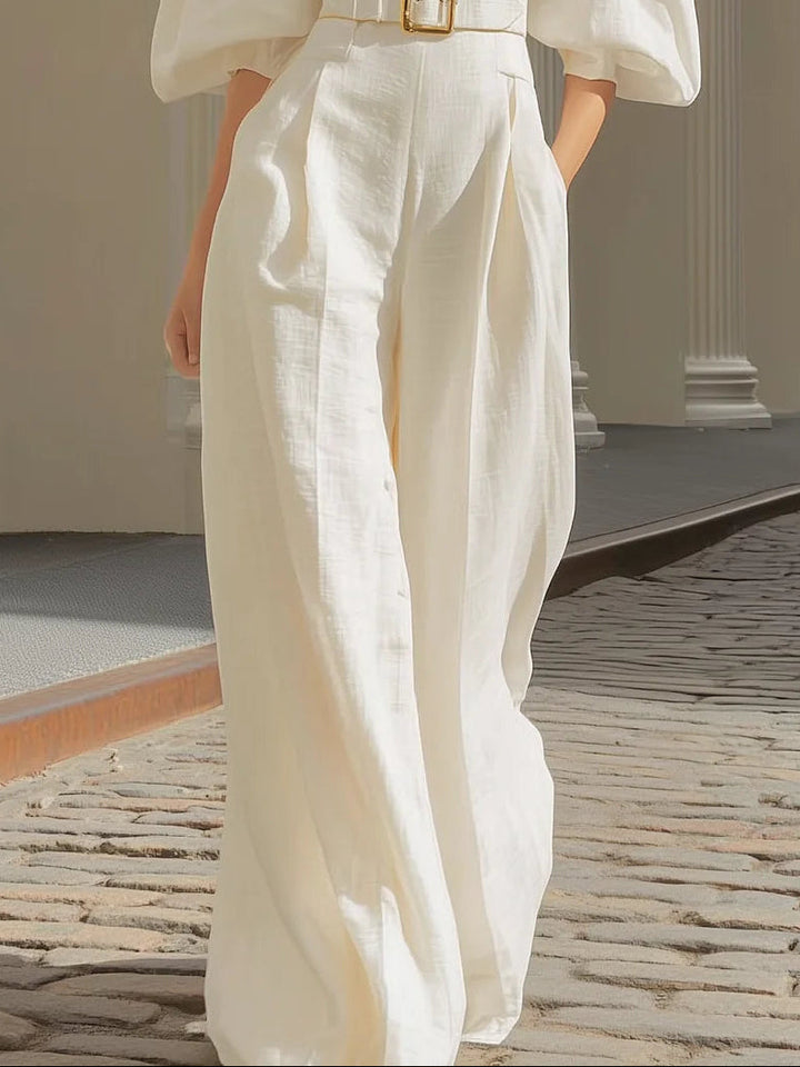 White V-neck Lantern Sleeve Wide-leg Jumpsuit (Includes Belt)