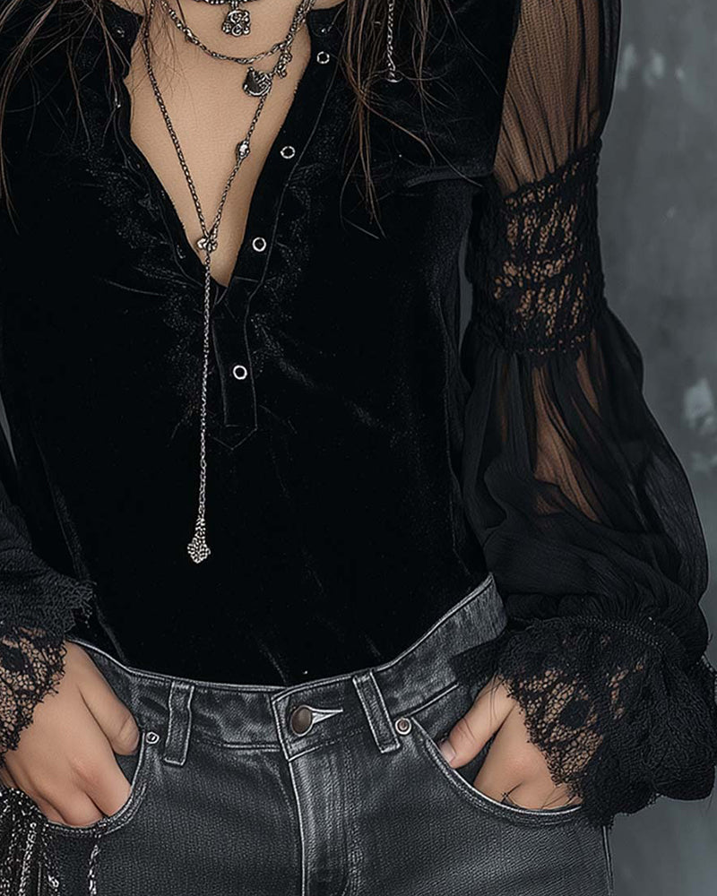 Blouse Button-Down V-Neck Puff Sleeve