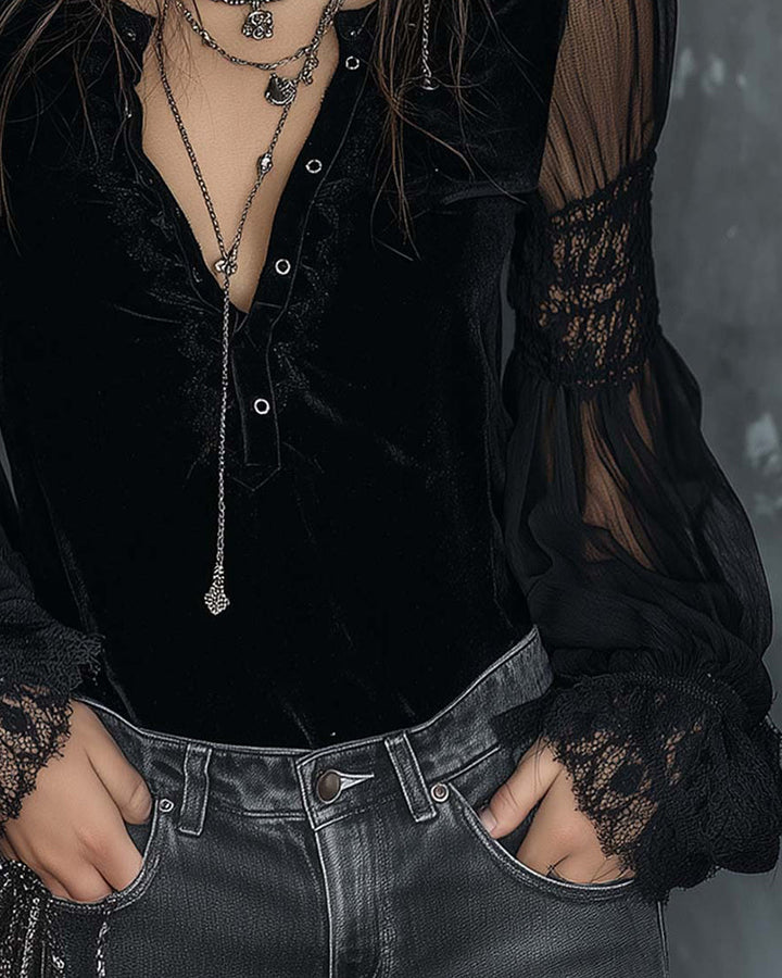 Blouse Button-Down V-Neck Puff Sleeve