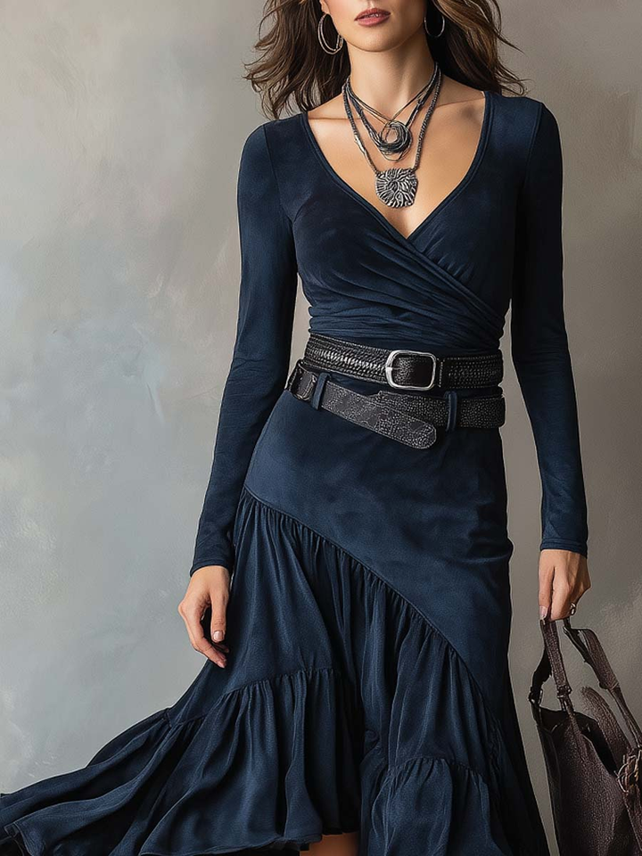 Navy Blue Crossover V-neck Faux Suede Irregular Maxi Dress (with belt)