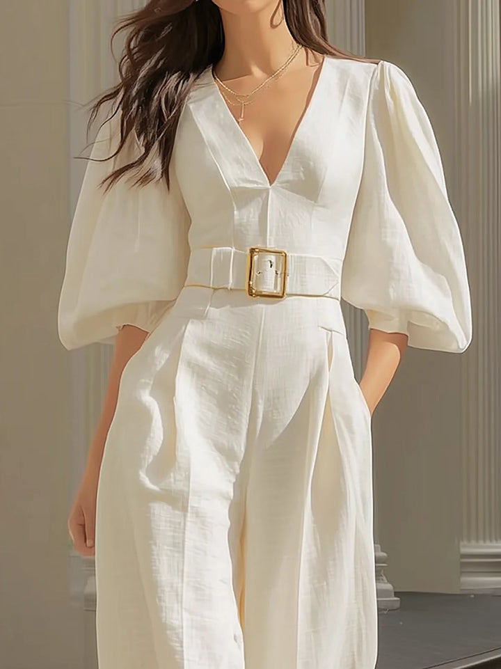 White V-neck Lantern Sleeve Wide-leg Jumpsuit (Includes Belt)