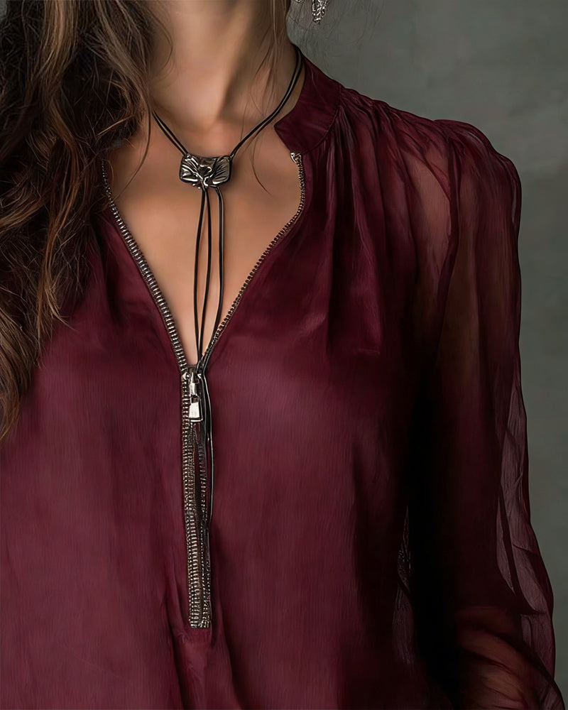 Blouse Half-Zip Mesh Long Sleeve