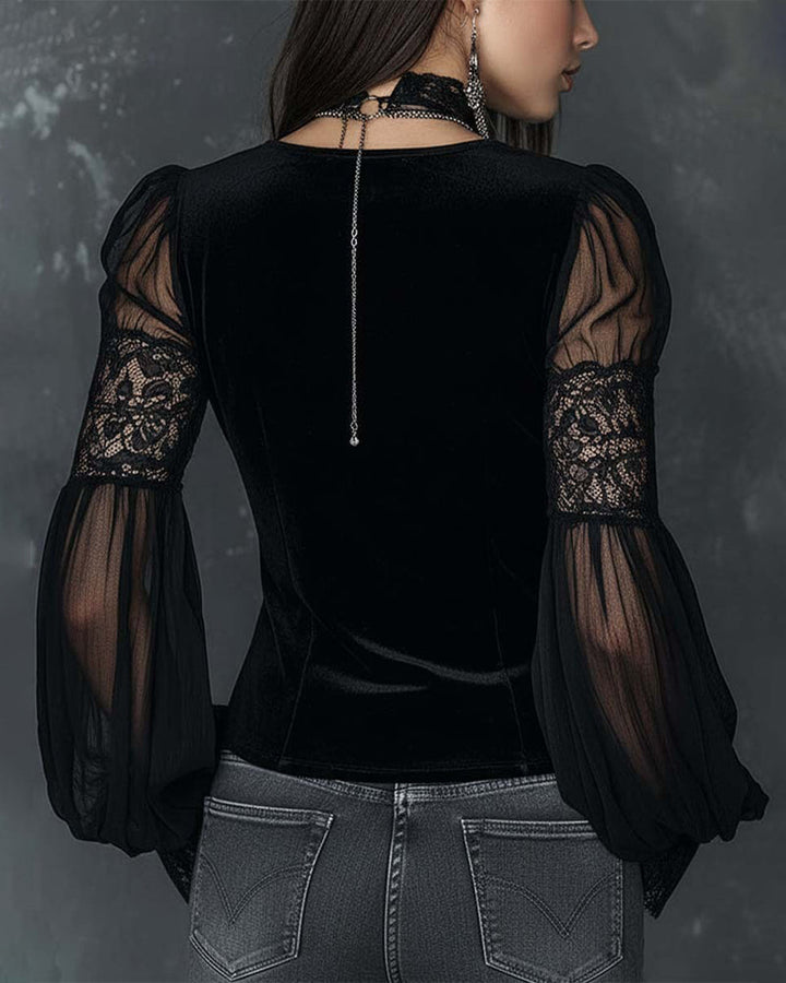 Blouse Button-Down V-Neck Puff Sleeve