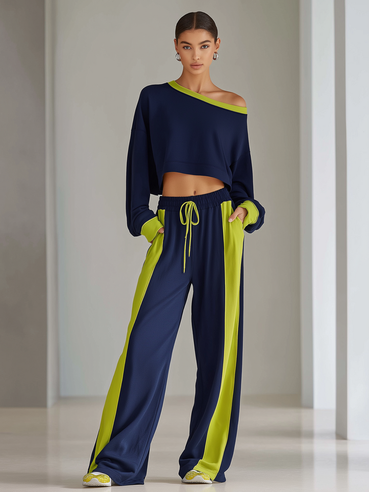 Women's Fashionable Navy Blue Color-block Off-the-shoulder Top And Wide-leg Pants Casual Set