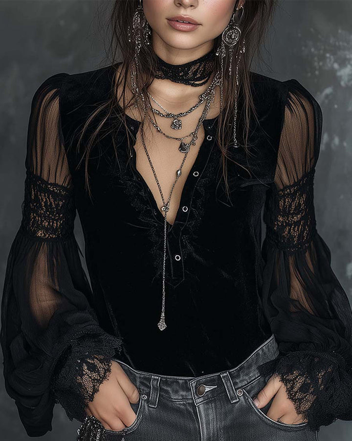 Blouse Button-Down V-Neck Puff Sleeve