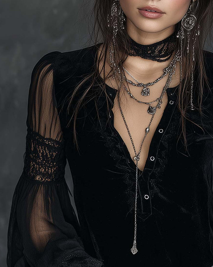 Blouse Button-Down V-Neck Puff Sleeve