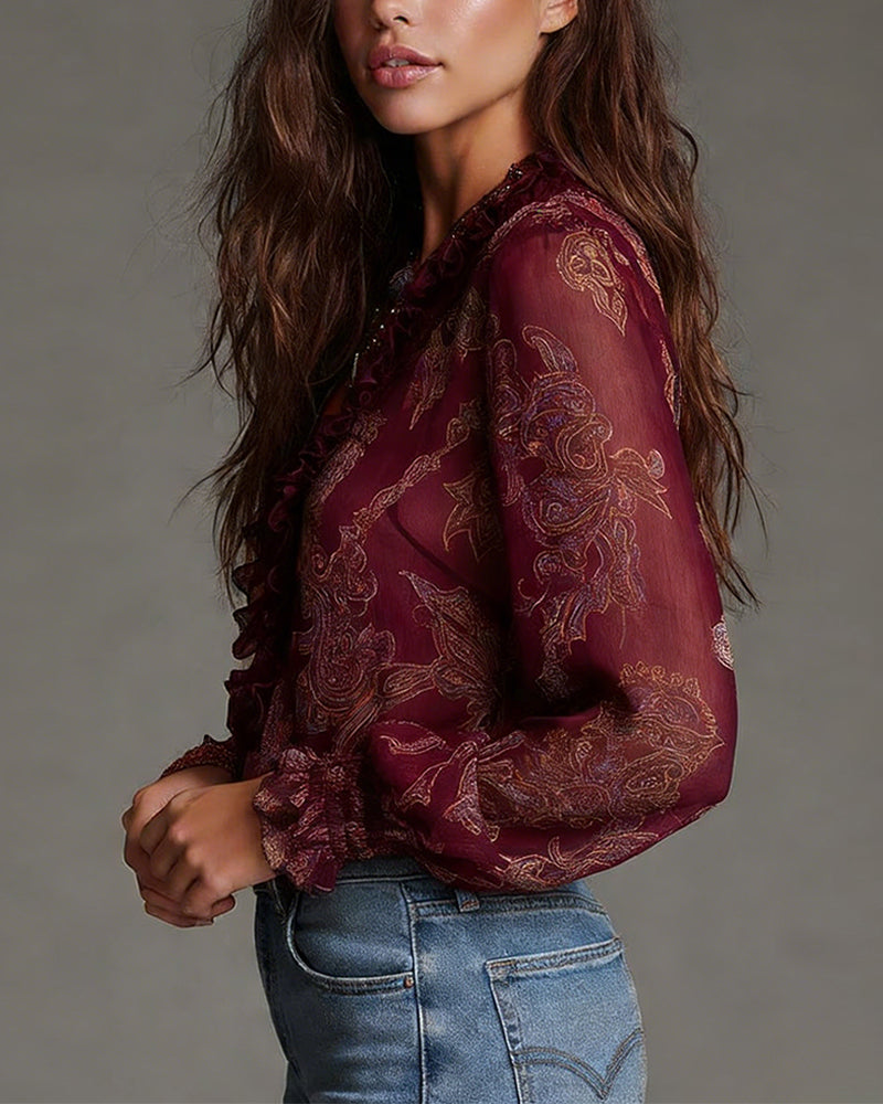 Blouse Half-Zip Ruffle Retro