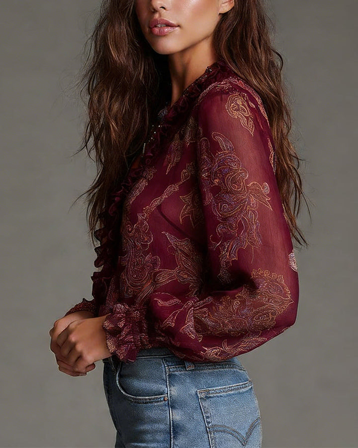 Blouse Half-Zip Ruffle Retro