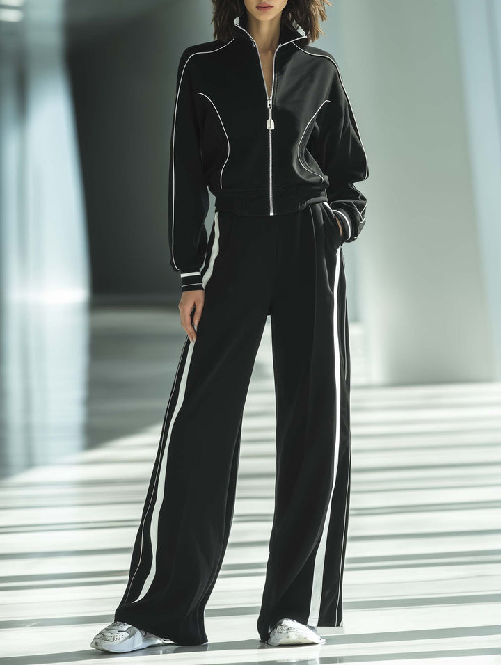 Women's Fashionable Casual Style Black Top And Trousers Set With White Piping