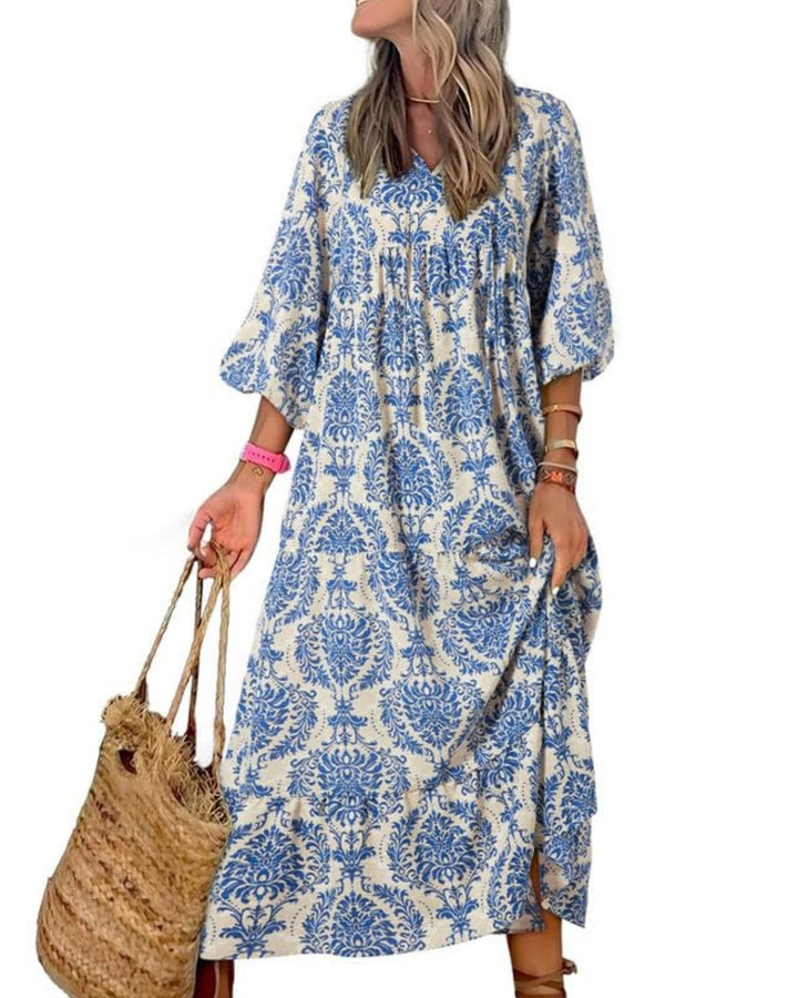 WINONA – WOMEN'S PUFF SLEEVE GEOMETRIC BOHEMIAN MAXI DRESS