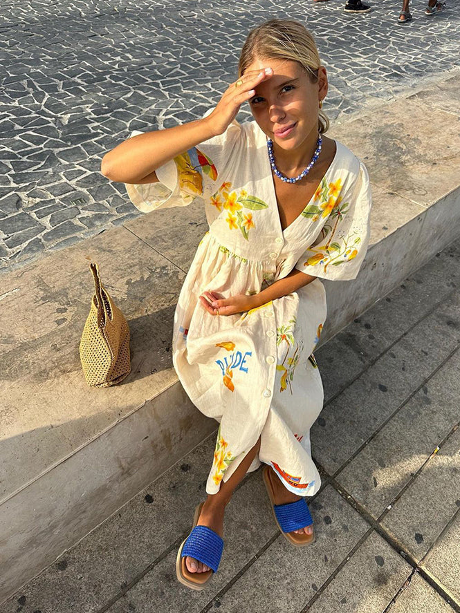 Zoey – Summer Midi Dress with Illustration Print