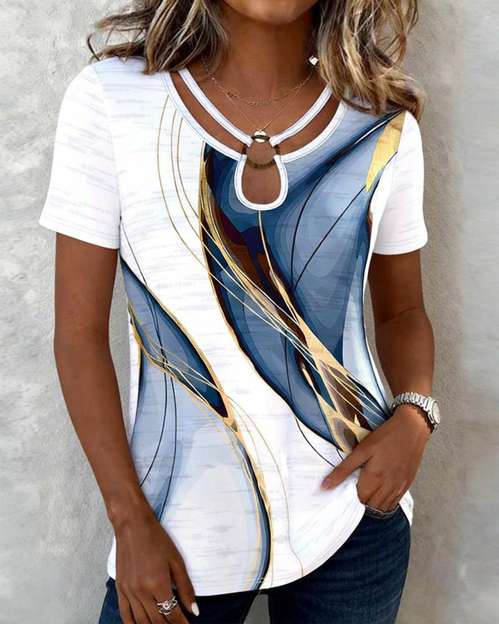 Abstract Print T-Shirt Round Neck Short Sleeved