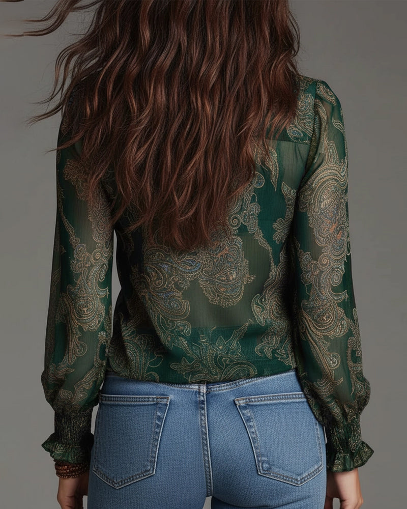 Blouse Half-Zip Ruffle Retro