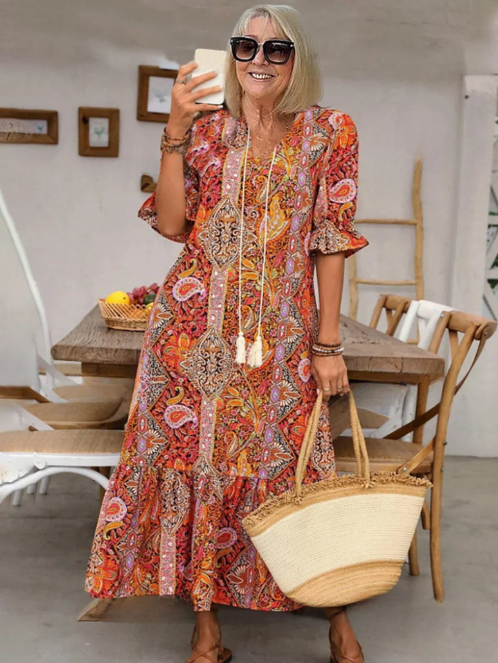 LUNESTRA – BOHO DRAWSTRING NECK MAXI DRESS