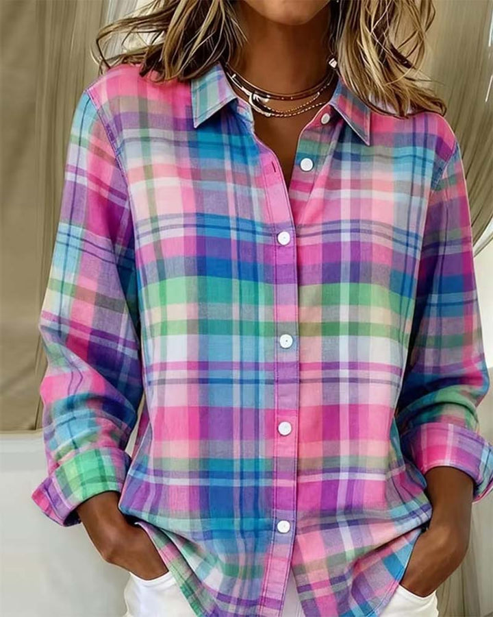 Shirt Colorful Check Print Lapel