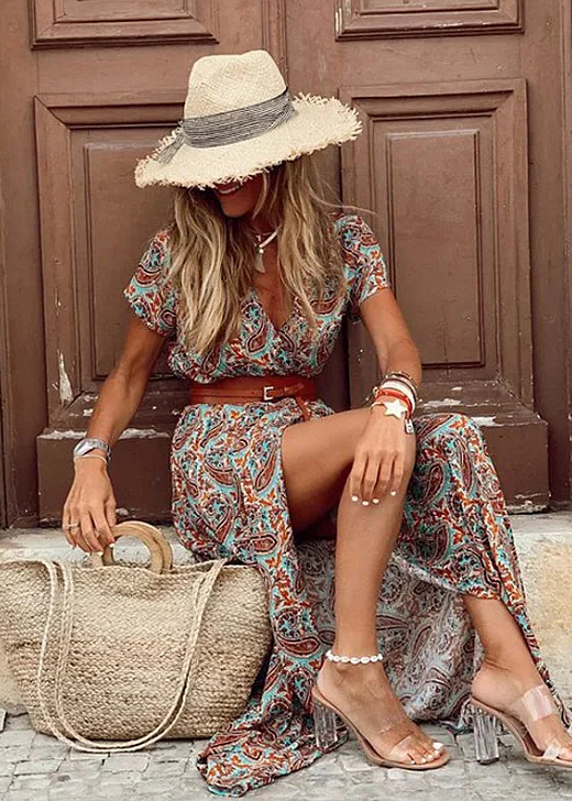 HAISLEY – FLORAL BELTED SLIT MAXI DRESS