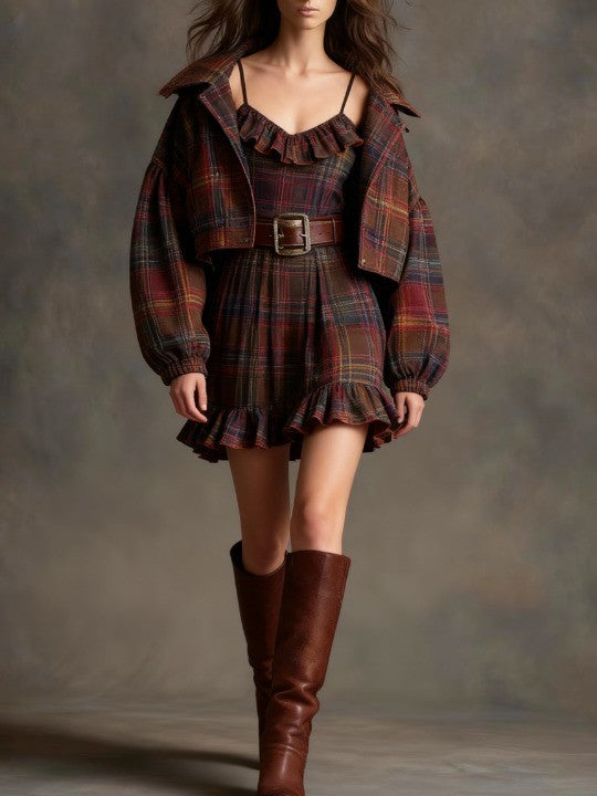 Vintage Plaid Ruffle Mini Dress and Loose Jacket Set (Includes belt)