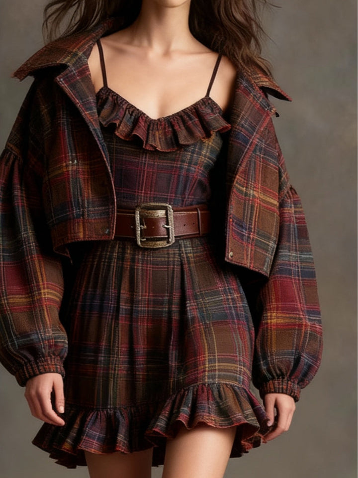 Vintage Plaid Ruffle Mini Dress and Loose Jacket Set (Includes belt)