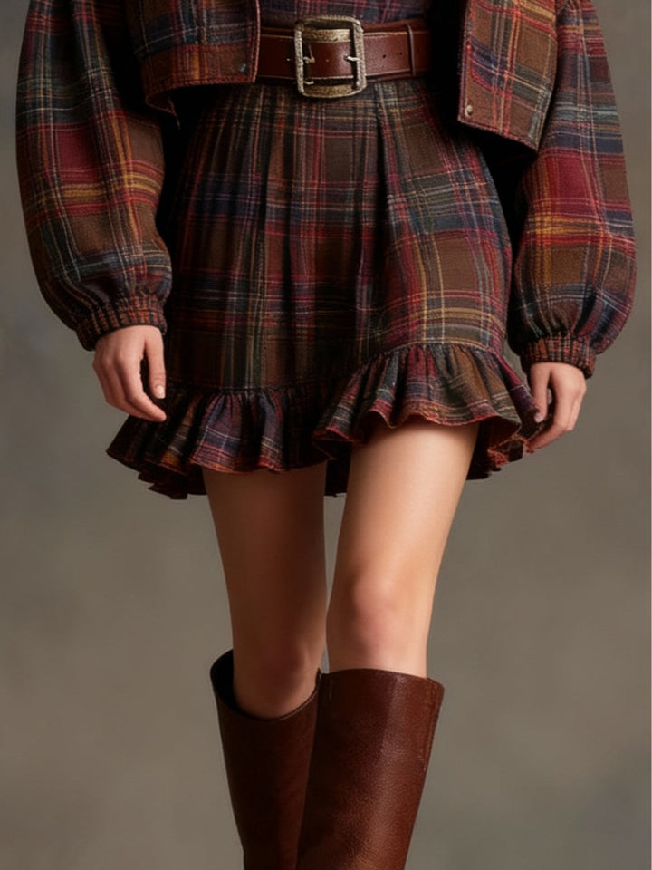 Vintage Plaid Ruffle Mini Dress and Loose Jacket Set (Includes belt)