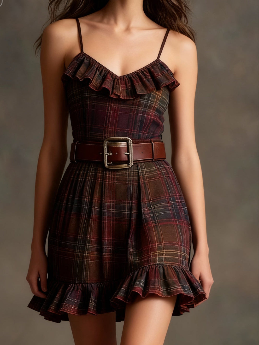 Vintage Plaid Ruffle Mini Dress and Loose Jacket Set (Includes belt)