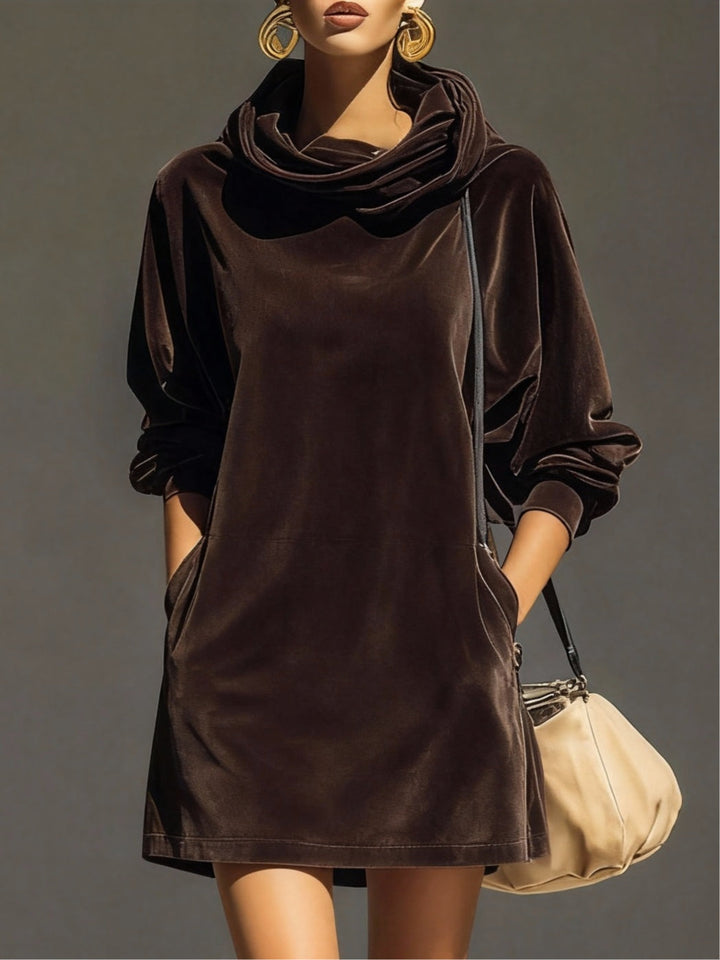 Vintage Brown Velvet Hoodie Loose Mini Dress