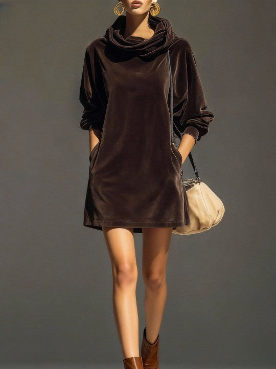 Vintage Brown Velvet Hoodie Loose Mini Dress