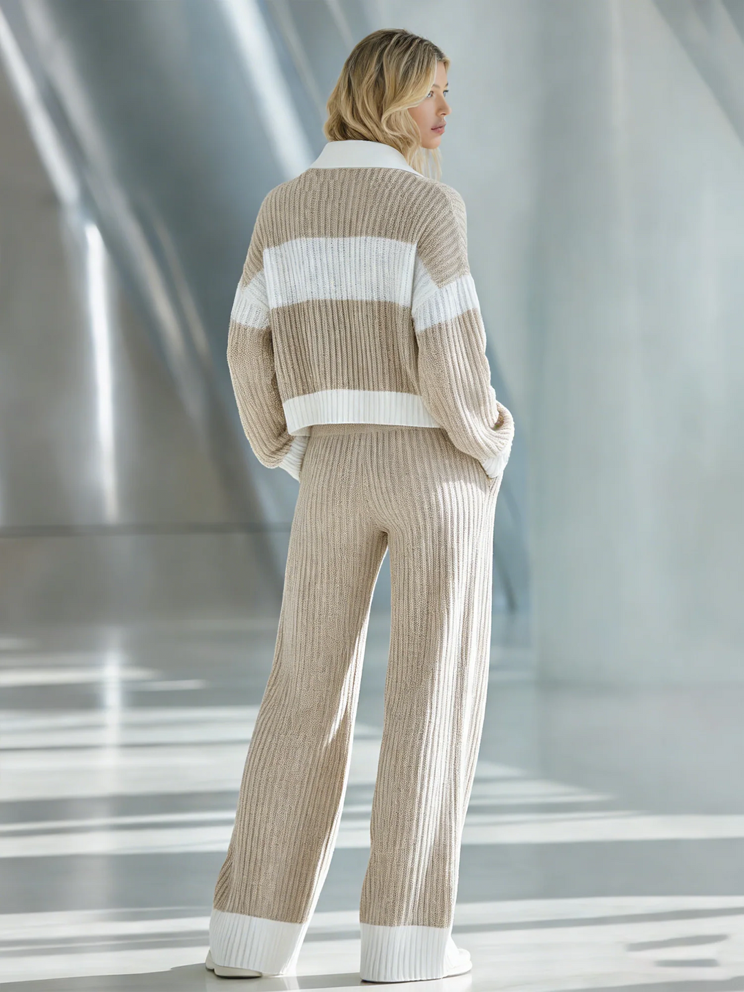 Women's Beige And White Striped Knitted Collared Half-zip Casual Set