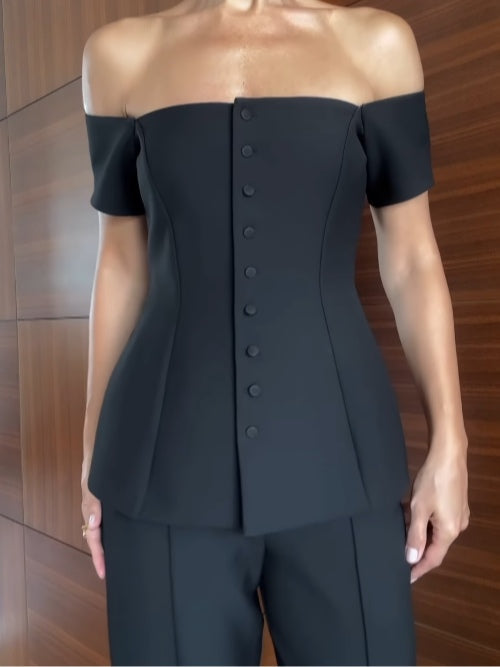 Off Shoulder Short Sleeved Button Down Vest Suit