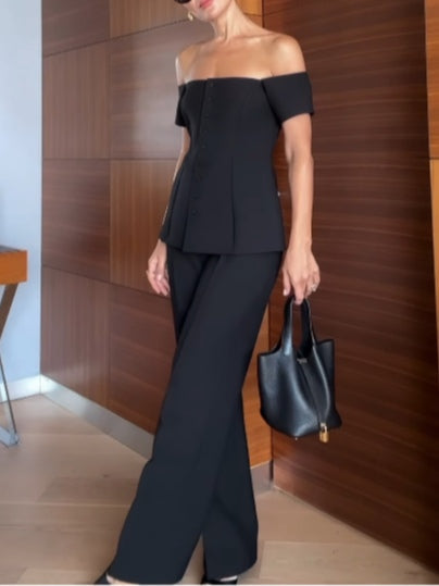 Off Shoulder Short Sleeved Button Down Vest Suit